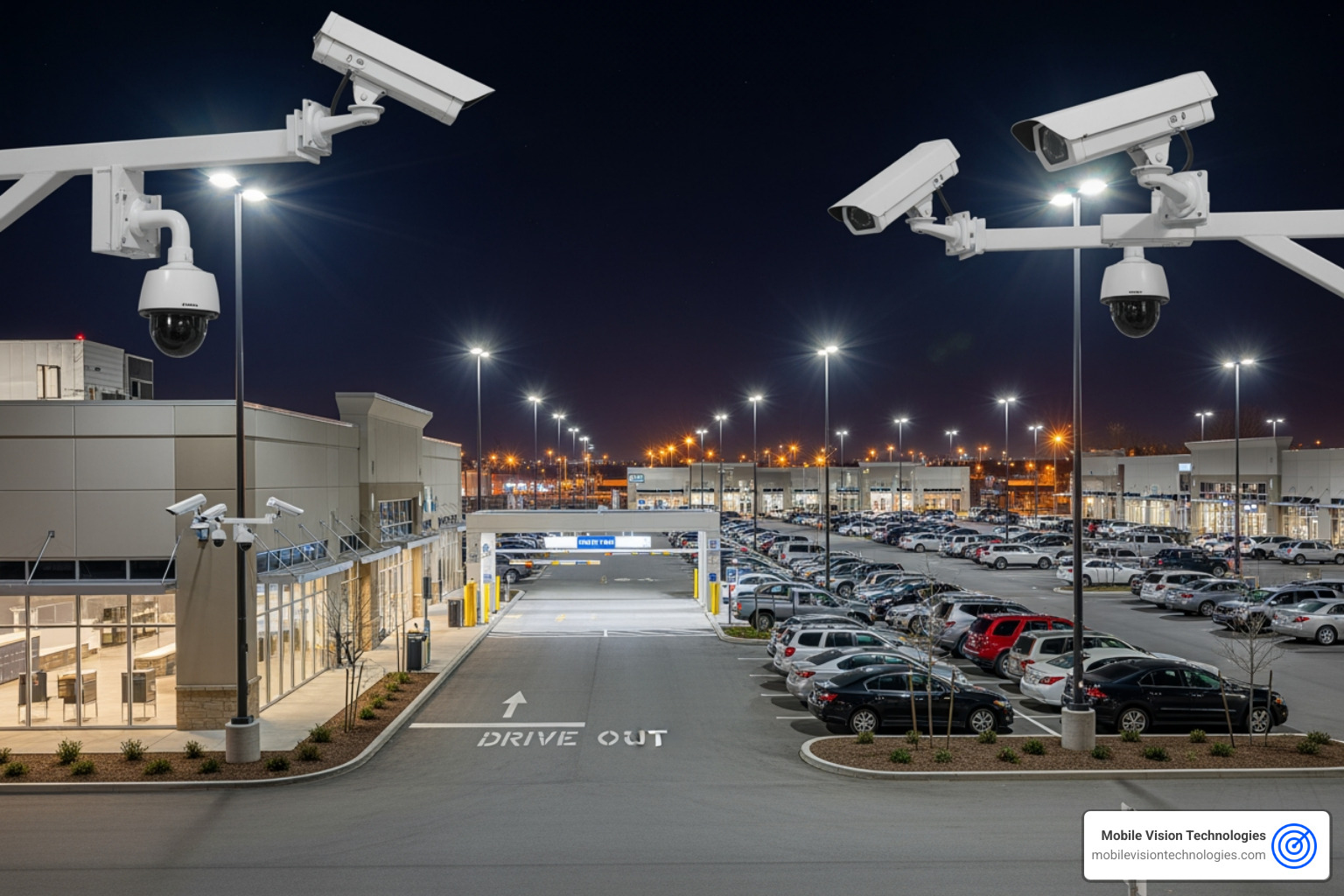Commercial property surveillance showing a well-lit parking lot with security cameras - Remote Video Monitoring Houston