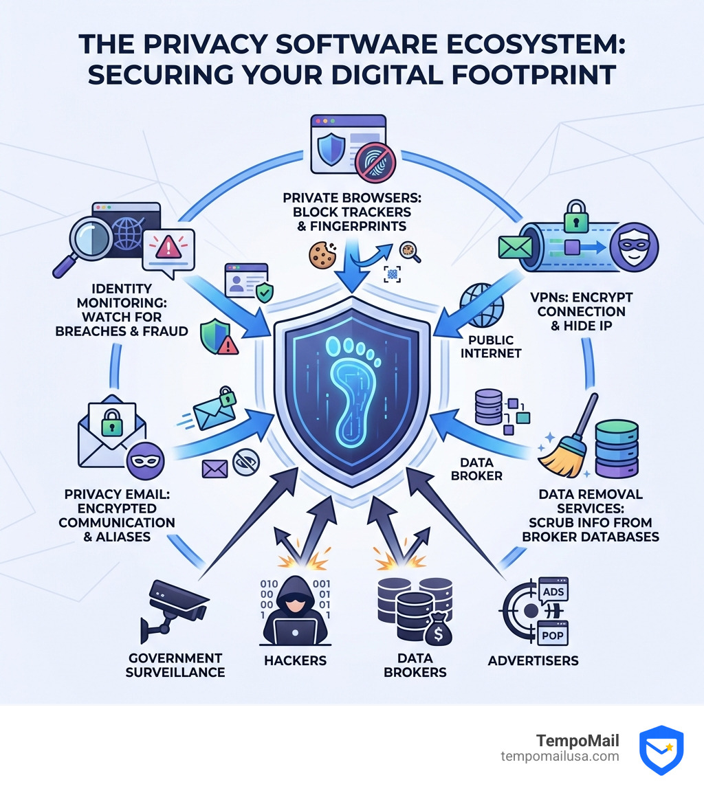 Infographic showing the privacy software ecosystem: Private Browsers block trackers and fingerprints, VPNs encrypt your connection and hide your IP, Data Removal Services scrub your info from broker databases, Privacy Email provides encrypted communication with aliases, and Identity Monitoring watches for breaches and fraud - all working together to protect your digital footprint from advertisers, data brokers, hackers, and government surveillance - online privacy software infographic 