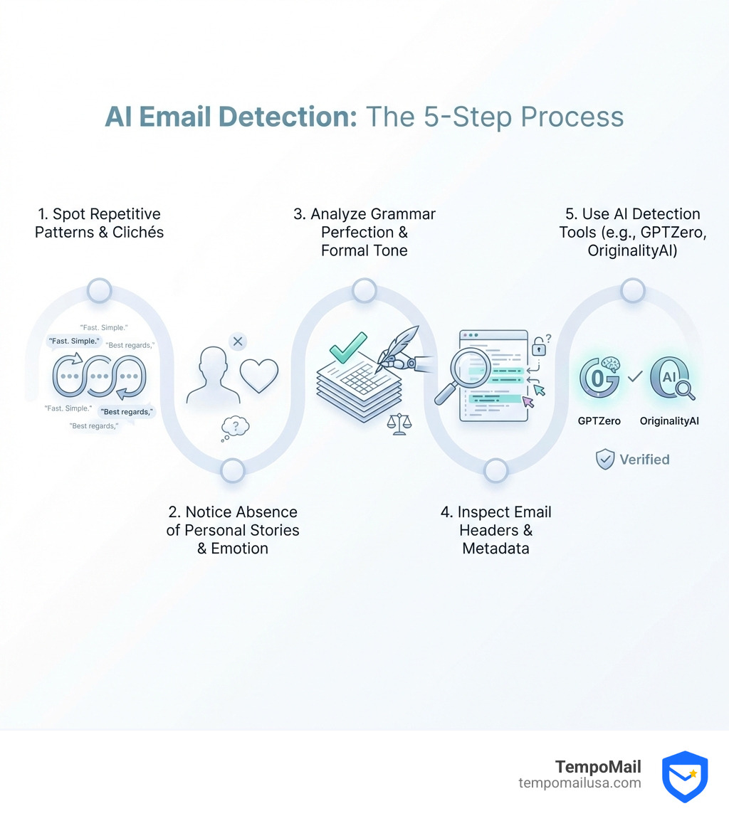 Infographic showing the 5-step AI email detection process: 1) Check for repetitive sentence patterns and cliché phrases, 2) Look for absence of personal stories or emotional nuance, 3) Analyze grammar perfection and formal tone, 4) Inspect email headers and metadata for unusual patterns, 5) Use AI detection tools like GPTZero or OriginalityAI for confirmation - how to tell if an email is ai generated infographic Infographic showing the 5-step AI email detection process: 1) Check for repetitive sentence patterns and cliché phrases, 2) Look for absence of personal stories or emotional nuance, 3) Analyze grammar perfection and formal tone, 4) Inspect email headers and metadata for unusual patterns, 5) Use AI detection tools like GPTZero or OriginalityAI for confirmation - how to tell if an email is ai generated infographic