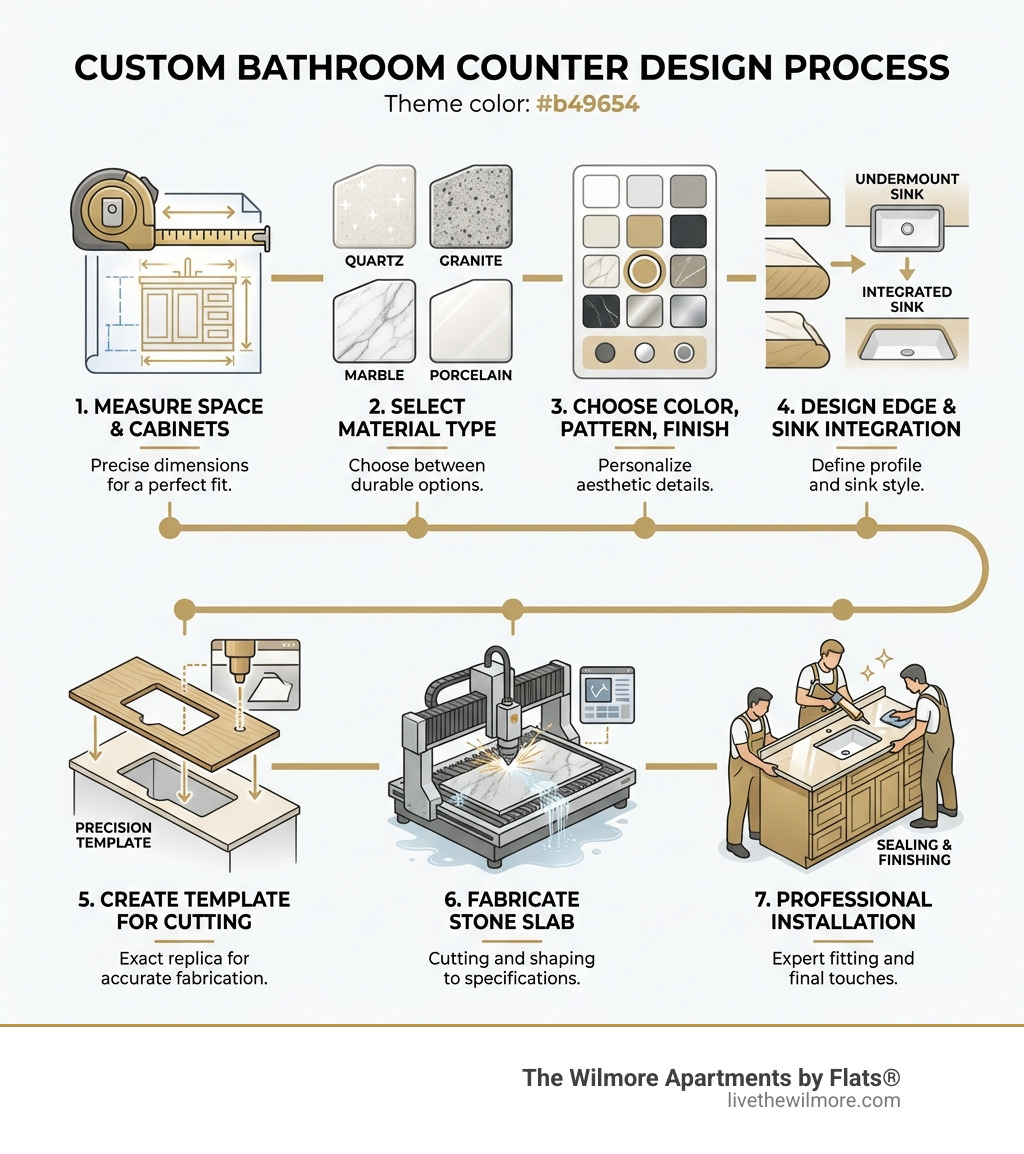 Step-by-step custom bathroom counter design process: 1) Measure your space and existing cabinets, 2) Select material type (quartz, granite, marble, porcelain), 3) Choose color, pattern, and finish, 4) Design edge profile and sink integration, 5) Create template for precise cutting, 6) Fabricate stone slab to specifications, 7) Professional installation with sealing and finishing - custom bathroom counters infographic 