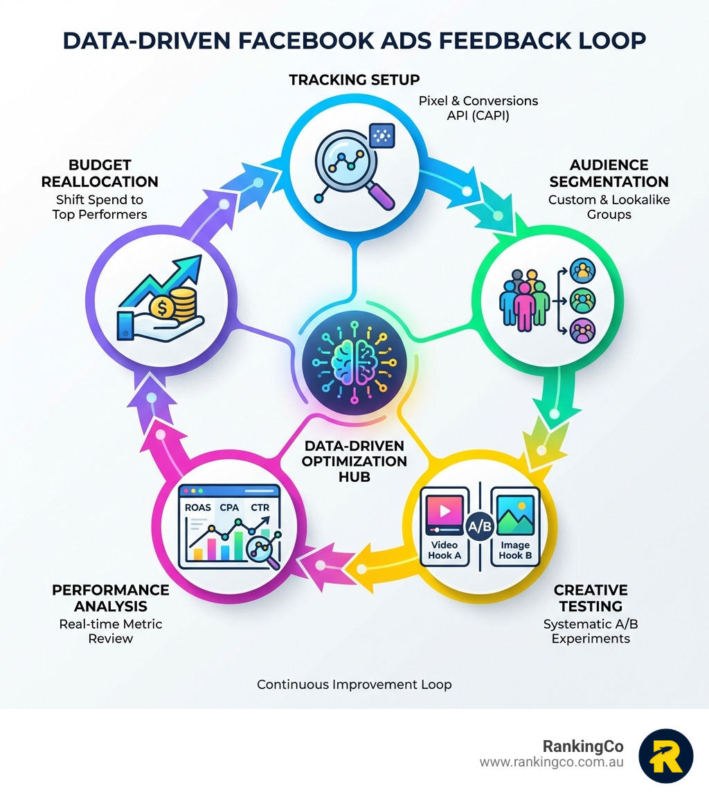 infographic showing the data-driven Facebook Ads feedback loop from tracking setup through audience segmentation, creative testing, performance analysis, and budget reallocation - Data driven Facebook Ads infographic 