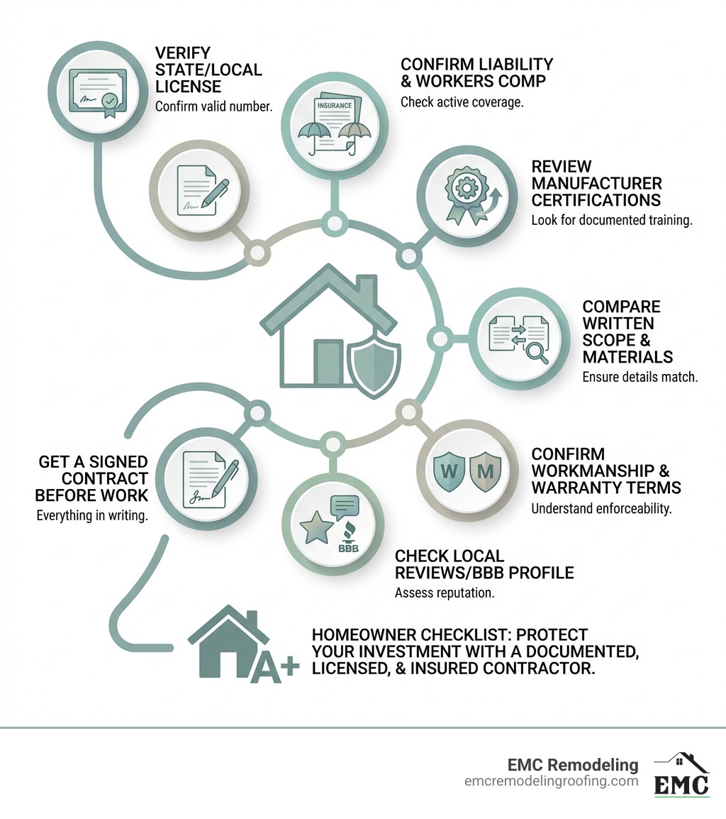 Infographic showing a homeowner checklist for choosing the best roofing contractor: verify state/local license number, confirm liability and workers comp insurance, review manufacturer certifications, compare written scope and materials, confirm workmanship and manufacturer warranty terms, check local reviews/BBB profile, and get a signed contract before work starts - best roofing contractors infographic 