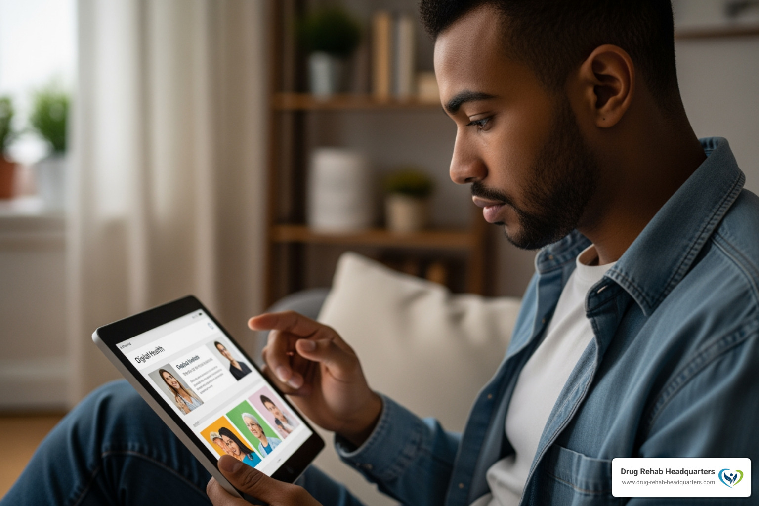 A person looking at digital health resources on a tablet - Addiction crisis hotline