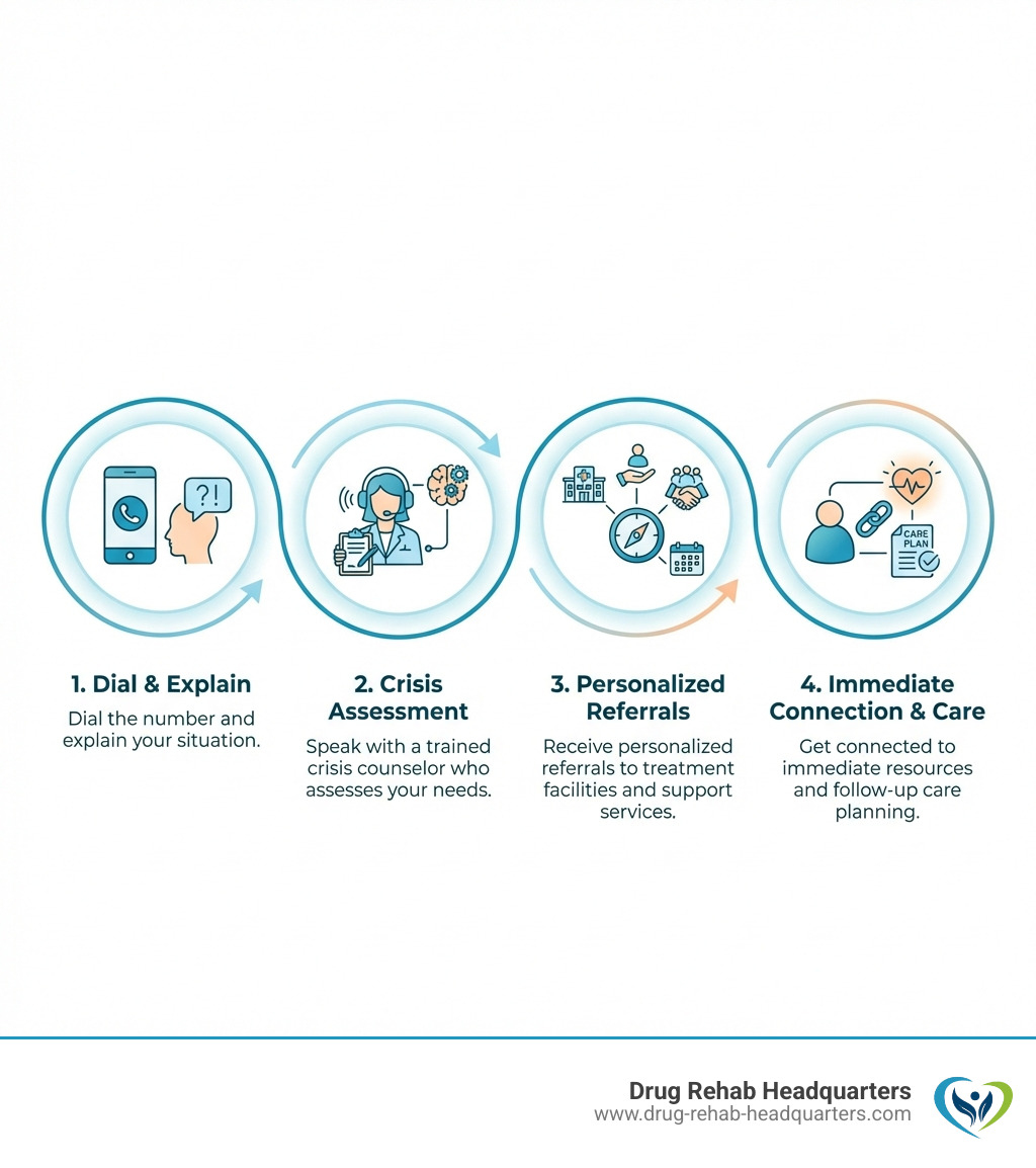 Infographic showing the 4 steps of calling an addiction crisis hotline: 1) Dial the number and explain your situation, 2) Speak with a trained crisis counselor who assesses your needs, 3) Receive personalized referrals to treatment facilities and support services, 4) Get connected to immediate resources and follow-up care planning - Addiction crisis hotline infographic 
