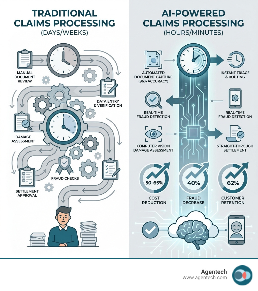 Infographic showing the transformation from traditional claims processing to AI-powered claims processing, including: Traditional Process (days/weeks) - Manual document review, data entry, coverage verification, damage assessment, fraud checks, settlement approval vs. AI Powered Process (hours/minutes) - Automated document capture (96% accuracy), instant triage and routing, real time fraud detection, computer vision damage assessment, straight through settlement for eligible claims, with key metrics: 50-65% cost reduction, 40% fraud decrease, 62% customer retention after good experience - AI-powered claims processing infographic