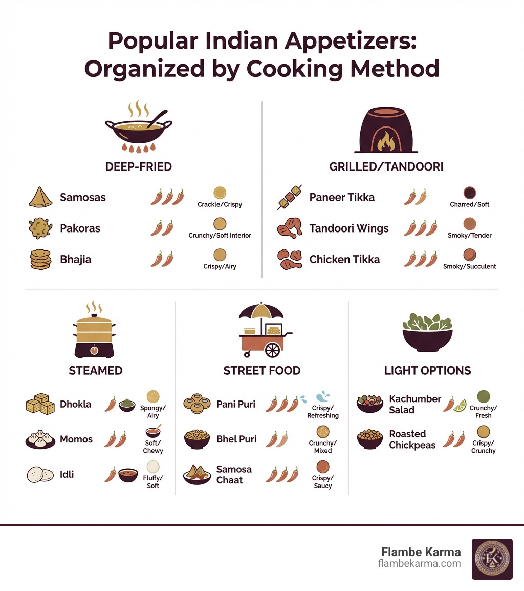 Infographic showing popular Indian appetizers organized by cooking method: Deep-Fried (Samosas, Pakoras, Bhajia), Grilled/Tandoori (Paneer Tikka, Tandoori Wings, Chicken Tikka), Steamed (Dhokla, Momos, Idli), Street Food (Pani Puri, Bhel Puri, Samosa Chaat), and Light Options (Kachumber Salad, Roasted Chickpeas). Each category shows spice level indicators and texture profiles. - Best Indian appetizers infographic 