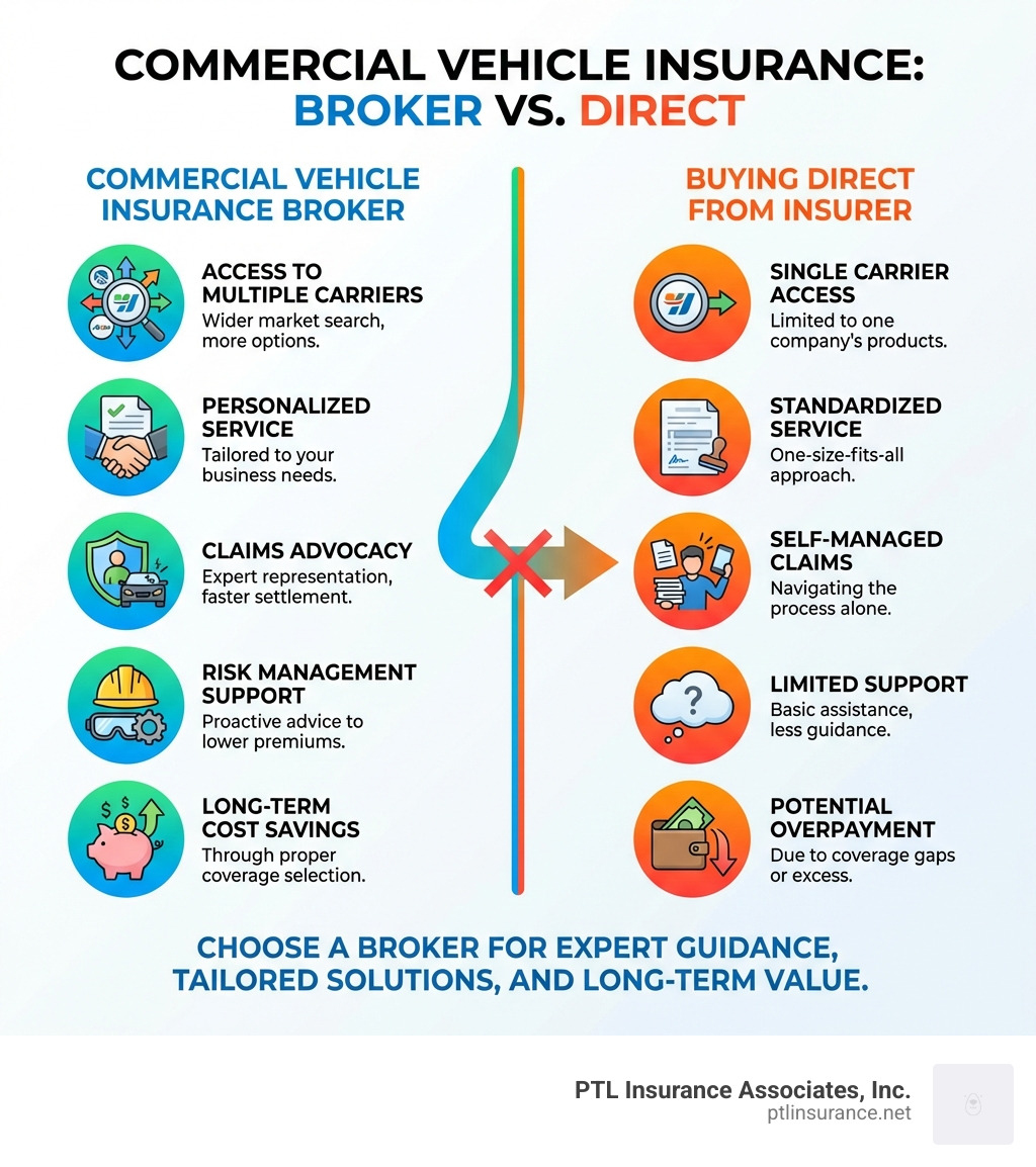 Infographic showing the key differences between working with a commercial vehicle insurance broker versus buying direct from an insurer, including access to multiple carriers, personalized service, claims advocacy, risk management support, and long-term cost savings through proper coverage selection - commercial vehicle insurance broker infographic 