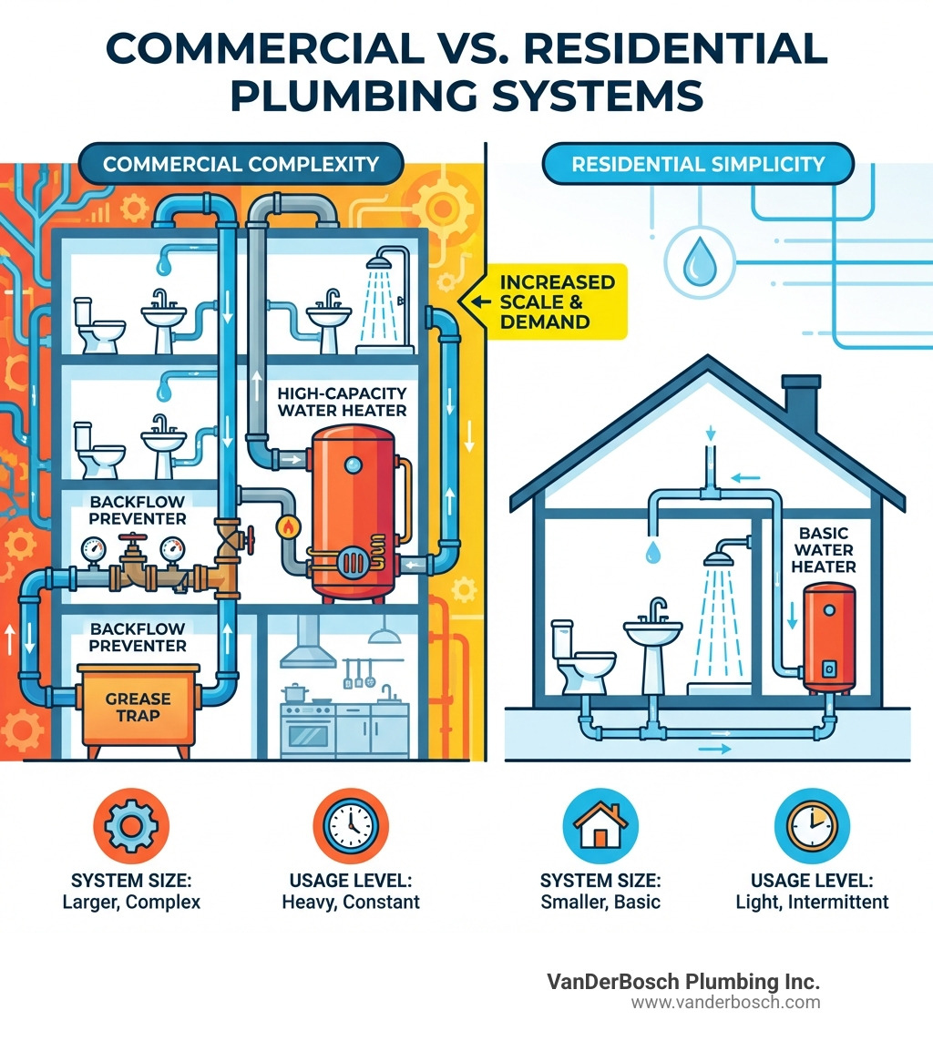 Infographic showing commercial plumbing system complexity including larger pipes, multiple floors, grease traps, backflow preventers, and high-capacity water heaters compared to simpler residential systems with basic fixtures and smaller scale operations - Commercial plumbing Oak Park infographic 