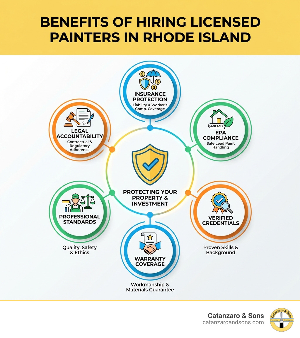 infographic showing benefits of hiring licensed painters: insurance protection, EPA compliance for lead paint, verified credentials, warranty coverage, professional standards, and legal accountability - licensed painters rhode island infographic infographic showing benefits of hiring licensed painters: insurance protection, EPA compliance for lead paint, verified credentials, warranty coverage, professional standards, and legal accountability - licensed painters rhode island infographic