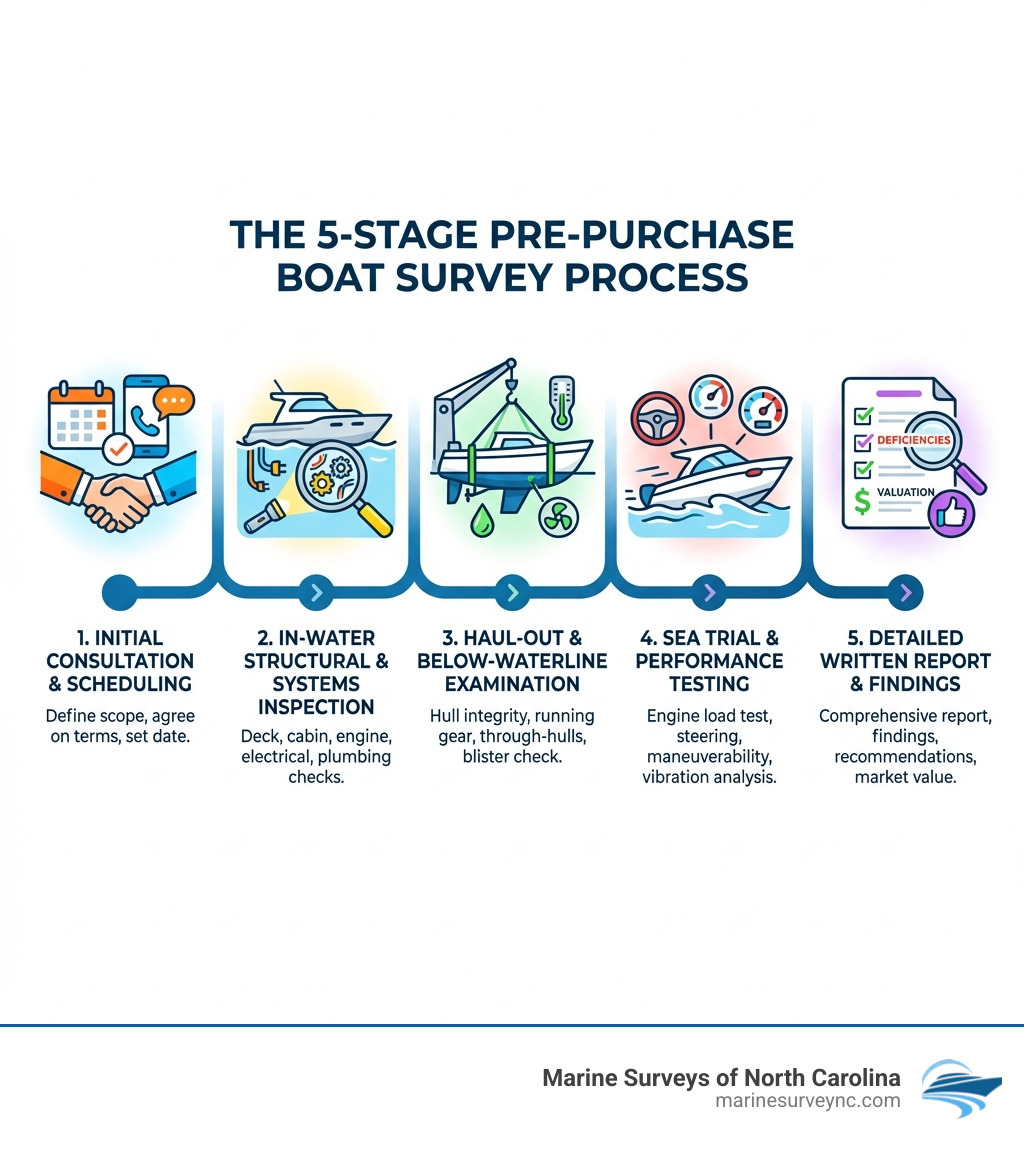 Infographic showing the 5-stage pre-purchase survey process: 1. Initial consultation and scheduling, 2. In-water structural and systems inspection, 3. Haul-out and below-waterline examination, 4. Sea trial and performance testing, 5. Detailed written report with findings and recommendations - Pre-purchase boat inspection infographic Infographic showing the 5-stage pre-purchase survey process: 1. Initial consultation and scheduling, 2. In-water structural and systems inspection, 3. Haul-out and below-waterline examination, 4. Sea trial and performance testing, 5. Detailed written report with findings and recommendations - Pre-purchase boat inspection infographic