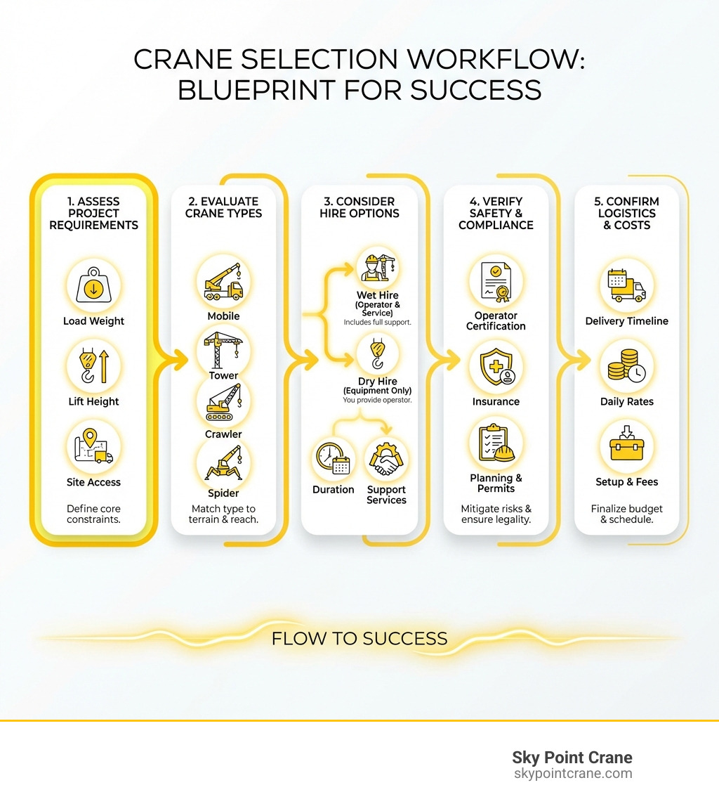 Infographic showing crane selection workflow: assess project requirements (load weight, lift height, site access), evaluate crane types (mobile, tower, crawler, spider), consider hire options (wet vs dry, duration, support services), verify safety and compliance (operator certification, insurance, planning), confirm logistics and costs (delivery timeline, daily rates, setup fees) - Construction crane hire infographic Infographic showing crane selection workflow: assess project requirements (load weight, lift height, site access), evaluate crane types (mobile, tower, crawler, spider), consider hire options (wet vs dry, duration, support services), verify safety and compliance (operator certification, insurance, planning), confirm logistics and costs (delivery timeline, daily rates, setup fees) - Construction crane hire infographic