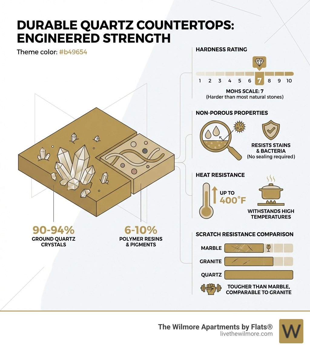 infographic showing quartz composition with 90-94% ground quartz crystals, 6-10% polymer resins and pigments, and visual breakdown of hardness rating, non-porous properties, heat resistance up to 400°F, and comparison of scratch resistance versus granite and marble - Durable quartz countertops infographic infographic showing quartz composition with 90-94% ground quartz crystals, 6-10% polymer resins and pigments, and visual breakdown of hardness rating, non-porous properties, heat resistance up to 400°F, and comparison of scratch resistance versus granite and marble - Durable quartz countertops infographic