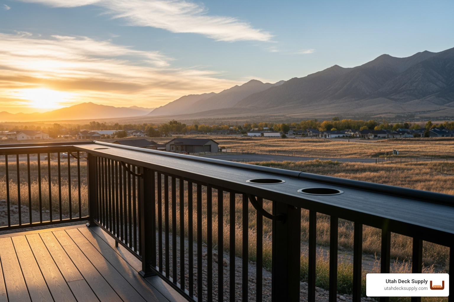 black aluminum railing with a cocktail rail at sunrise - Aluminum deck railing Utah