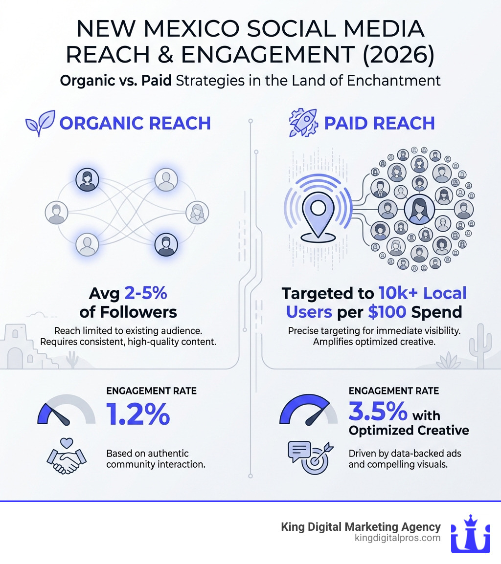 Stats Showing Organic Vs Paid Reach In Nm: Organic Reach (Avg 2-5% Of Followers), Paid Reach (Targeted To 10K+ Local Users Per $100 Spend), Engagement Rate (Organic: 1.2%, Paid: 3.5% With Optimized Creative) - Santa Fe Social Media Infographic 