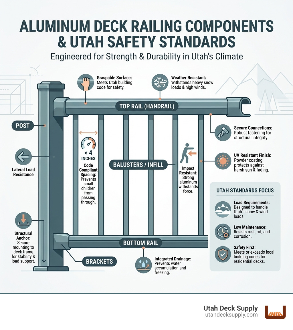 infographic explaining aluminum railing components like posts, rails, balusters, and brackets with Utah safety standards - Aluminum deck railing Utah infographic 