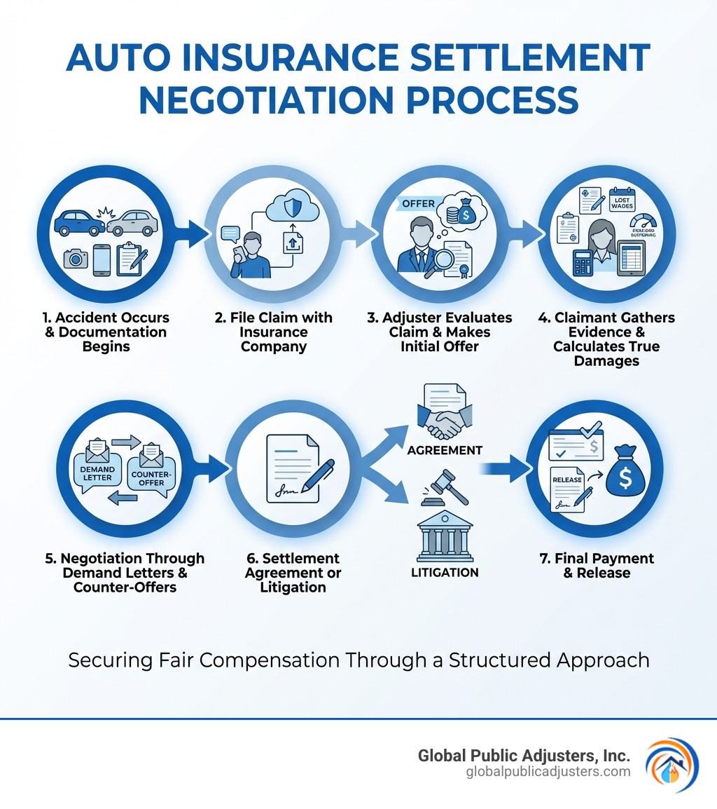 infographic showing the auto insurance settlement negotiation process: 1) accident occurs and documentation begins, 2) file claim with insurance company, 3) adjuster evaluates claim and makes initial offer, 4) claimant gathers evidence and calculates true damages, 5) negotiation through demand letters and counter-offers, 6) settlement agreement or litigation, 7) final payment and release - auto insurance settlement negotiation infographic 