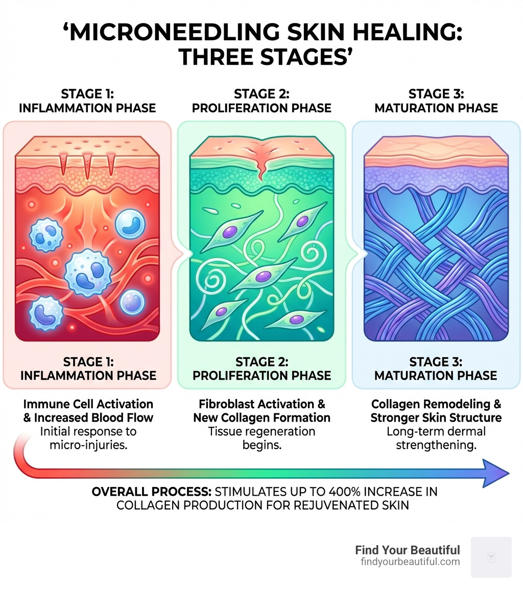 Infographic showing the three stages of microneedling skin healing: inflammation phase with immune cell activation and increased blood flow, proliferation phase with fibroblast activation and new collagen formation, and maturation phase with collagen remodeling for stronger skin structure - microneedling training san antonio infographic 