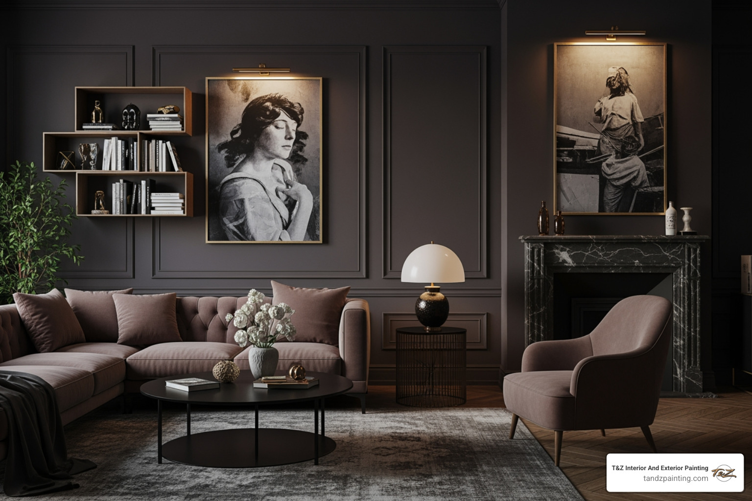luxury living room with deep-toned matte walls showing velvety texture and light absorption - Matte finish paint