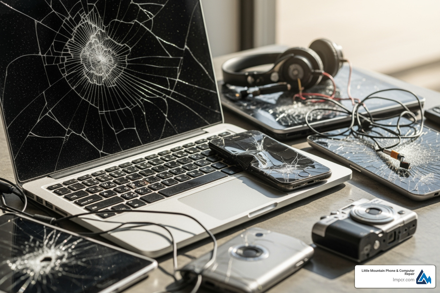 various broken devices including a laptop with a cracked screen and a smartphone with a bloated battery - computer and phone repair