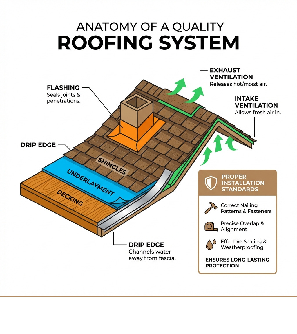 Infographic showing the anatomy of a quality roofing system, including layers from decking to shingles, with callouts for underlayment, flashing, drip edge, ventilation components, and proper installation standards that ensure long-lasting protection - quality roof repair infographic Infographic showing the anatomy of a quality roofing system, including layers from decking to shingles, with callouts for underlayment, flashing, drip edge, ventilation components, and proper installation standards that ensure long-lasting protection - quality roof repair infographic