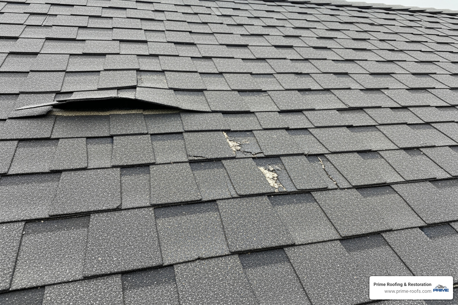 A close-up of wind-damaged asphalt shingles showing lifted edges and missing granules, illustrating the need for professional repair - local roofing experts