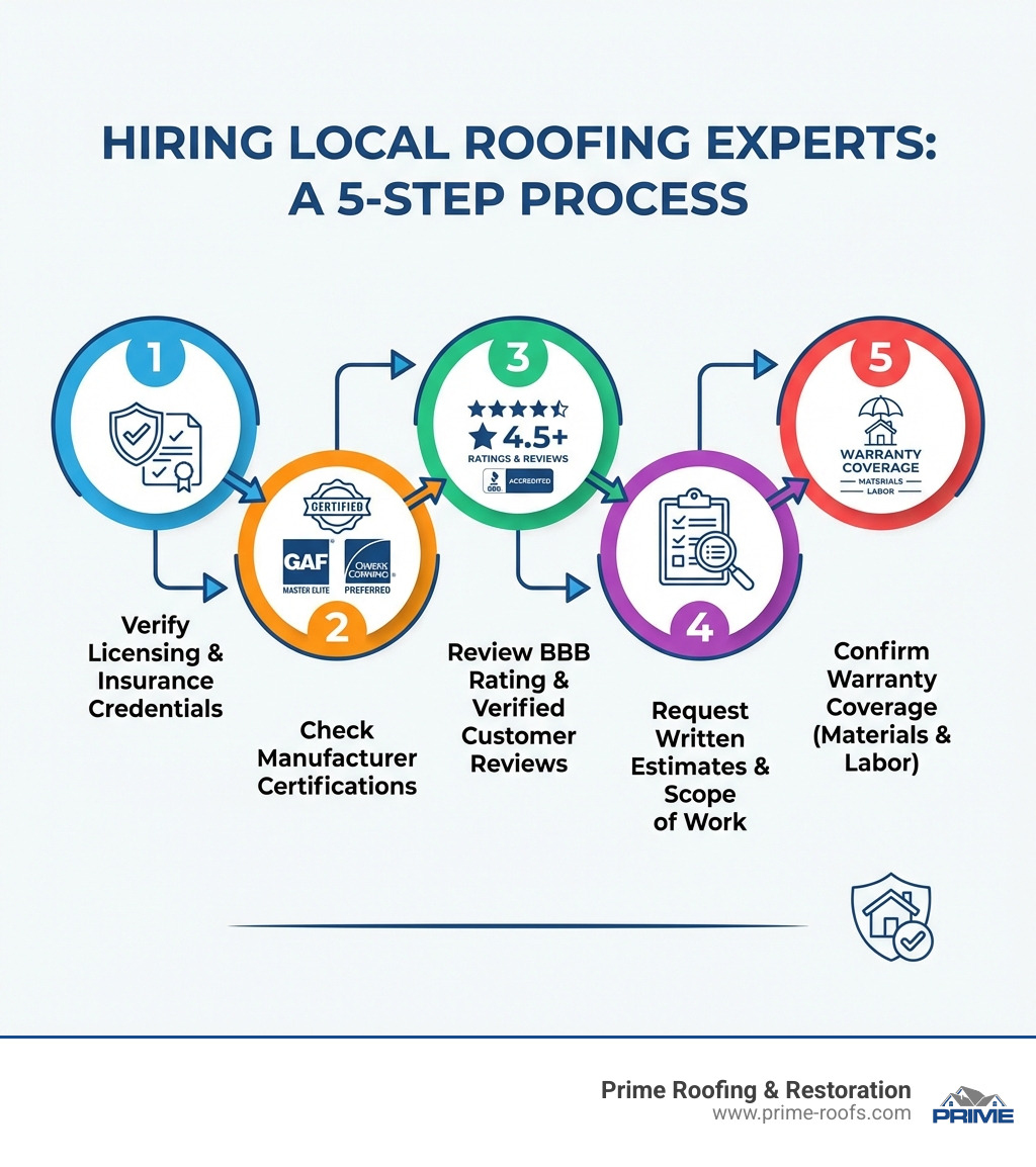 Infographic showing the hiring process for local roofing experts: Step 1 - Verify licensing and insurance credentials; Step 2 - Check manufacturer certifications (GAF Master Elite or Owens Corning Preferred); Step 3 - Review BBB rating and verified customer reviews; Step 4 - Request written estimates with detailed scope of work; Step 5 - Confirm warranty coverage for both materials and labor - local roofing experts infographic 