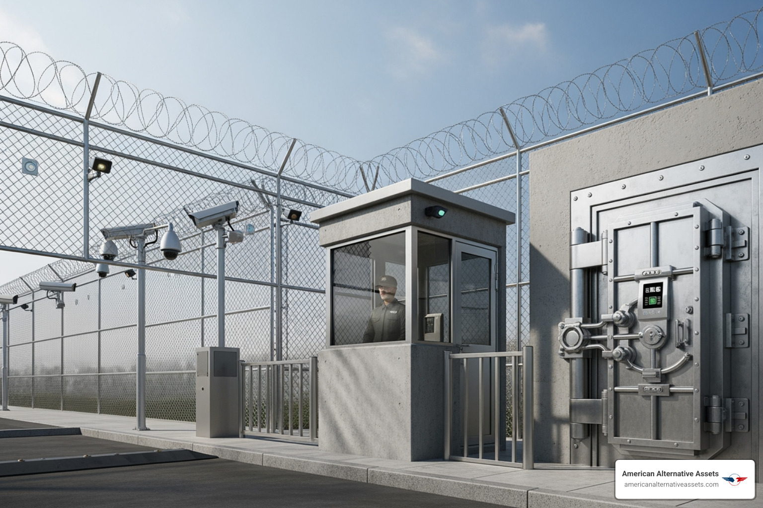 A diagram showing a multi-layered security perimeter. The outermost layer is a physical fence, followed by motion sensors, then video surveillance, then a manned guard post, and finally, biometric access to the interior vault. - physical asset protection A diagram showing a multi-layered security perimeter. The outermost layer is a physical fence, followed by motion sensors, then video surveillance, then a manned guard post, and finally, biometric access to the interior vault. - physical asset protection