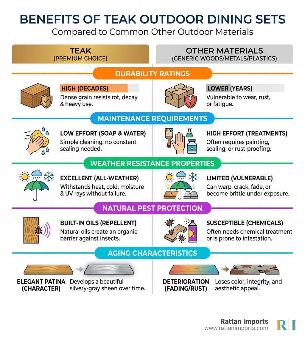 infographic showing the benefits of outdoor teak dining sets including durability ratings, maintenance requirements, weather resistance properties, natural pest protection, and aging characteristics with visual comparisons to other outdoor furniture materials - outdoor teak dining set infographic 