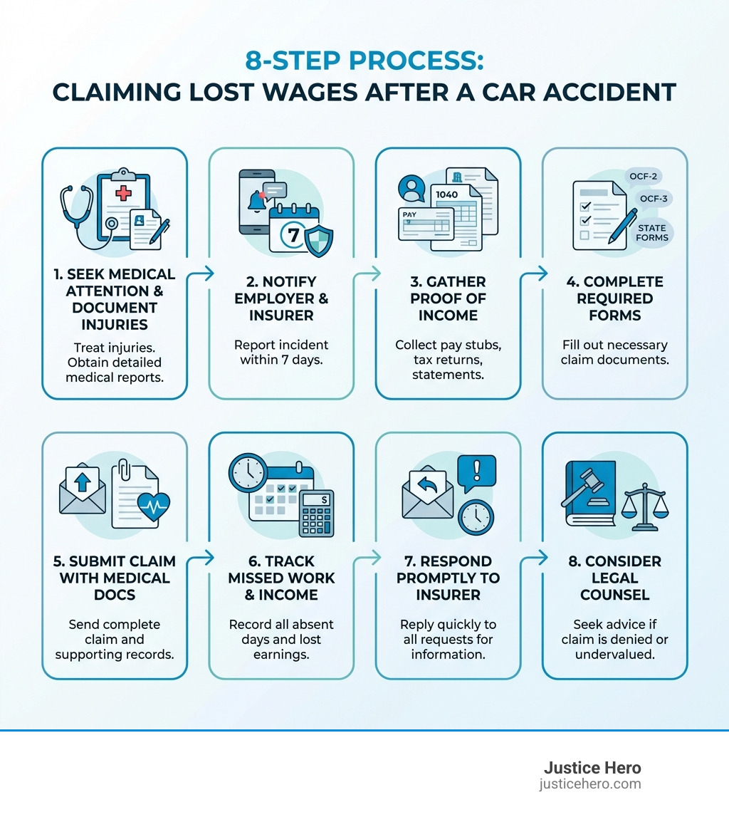 infographic showing the step-by-step process for claiming lost wages: 1. Seek medical attention and document injuries, 2. Notify employer and insurance company within 7 days, 3. Gather proof of income (pay stubs, tax returns, employer verification), 4. Complete required forms (OCF-2, OCF-3, or state equivalents), 5. Submit claim with supporting medical documentation, 6. Track all missed work and income, 7. Respond promptly to insurer requests, 8. Consider legal counsel if claim is denied or undervalued - lost wages car accident infographic 