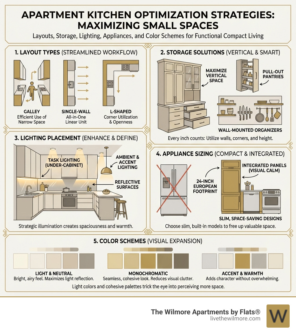 infographic showing apartment kitchen optimization strategies including layout types, storage solutions, lighting placement, appliance sizing, and color schemes for maximizing small kitchen spaces - Apartment kitchen ideas infographic 
