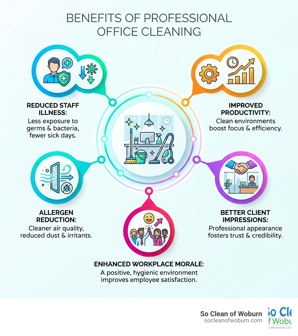 infographic showing benefits of professional office cleaning including reduced staff illness, improved productivity, better client impressions, allergen reduction, and enhanced workplace morale - office cleaning Wakefield infographic 