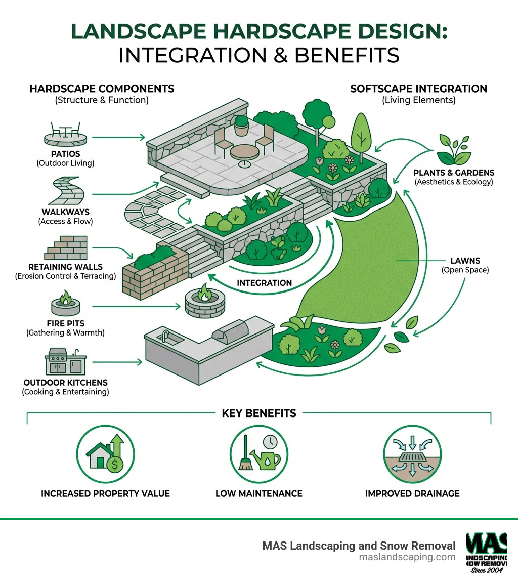 infographic showing the key components of landscape hardscape design including patios, walkways, retaining walls, fire pits, outdoor kitchens, and how they integrate with softscape elements like plants and lawns, plus benefits such as increased property value, low maintenance, and improved drainage - landscape hardscape design near me infographic 