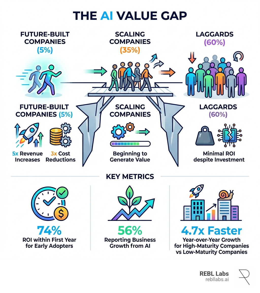 Infographic showing the widening AI value gap between future-built companies (5% achieving 5x revenue increases and 3x cost reductions), scaling companies (35% beginning to generate value), and laggards (60% seeing minimal ROI despite investment). Displays key metrics: 74% ROI within first year for early adopters, 56% reporting business growth from AI, and 4.7x faster year-over-year growth for high-maturity companies versus low-maturity companies. - AI-driven revenue growth infographic 