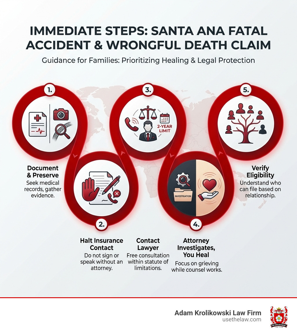 Infographic showing immediate steps after a fatal accident in Santa Ana: 1) Seek medical documentation and preserve evidence; 2) Do not sign anything or speak with insurance representatives before consulting an attorney; 3) Contact a wrongful death lawyer for a free consultation within the two-year statute of limitations; 4) Allow your attorney to investigate while you focus on grieving and healing; 5) Understand your eligibility to file based on your relationship to the deceased - Santa Ana wrongful death lawyer infographic Infographic showing immediate steps after a fatal accident in Santa Ana: 1) Seek medical documentation and preserve evidence; 2) Do not sign anything or speak with insurance representatives before consulting an attorney; 3) Contact a wrongful death lawyer for a free consultation within the two-year statute of limitations; 4) Allow your attorney to investigate while you focus on grieving and healing; 5) Understand your eligibility to file based on your relationship to the deceased - Santa Ana wrongful death lawyer infographic