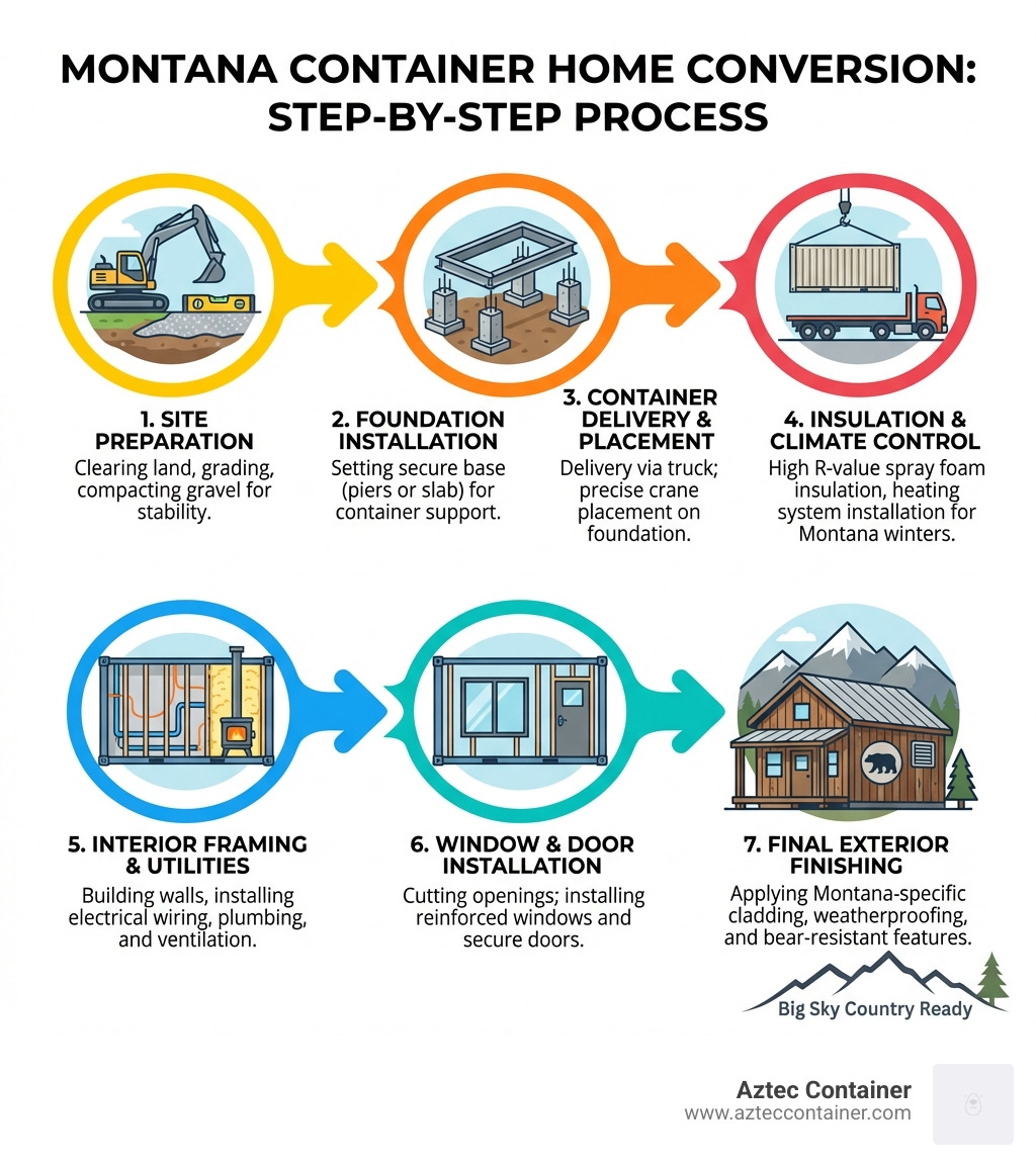 infographic showing the step-by-step process of converting a shipping container into a Montana home, including site preparation, foundation installation, container delivery and placement, insulation and climate control, interior framing and utilities, window and door installation, and final exterior finishing with Montana-specific weatherproofing - Shipping container Montana infographic 
