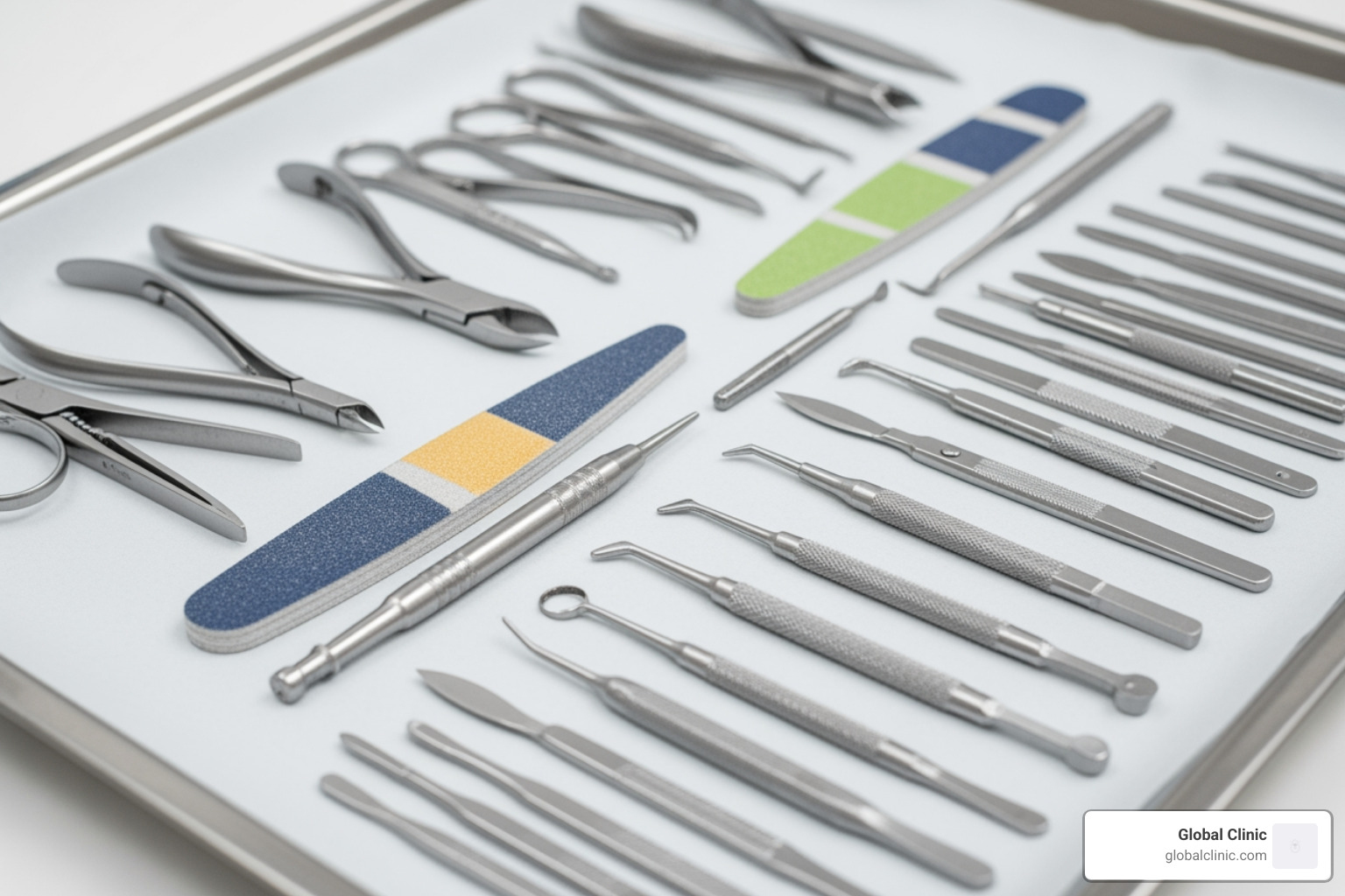 professional podiatric tools used for complete foot care including sterile clippers, files, and diagnostic instruments - Complete foot care