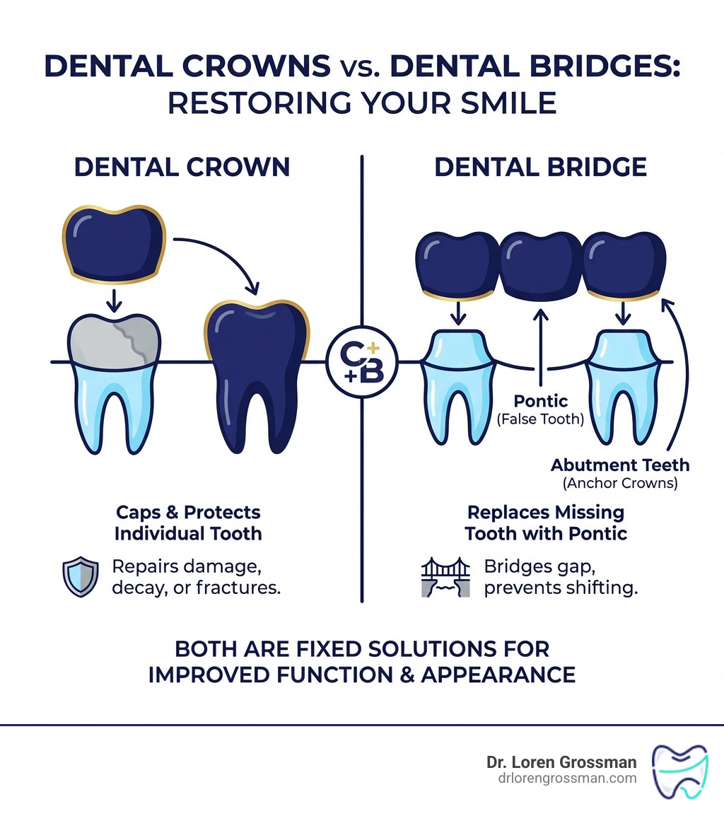 infographic showing the difference between dental crowns capping individual teeth and dental bridges replacing missing teeth with pontics anchored by crowns on adjacent abutment teeth - dental crowns bridges infographic infographic showing the difference between dental crowns capping individual teeth and dental bridges replacing missing teeth with pontics anchored by crowns on adjacent abutment teeth - dental crowns bridges infographic