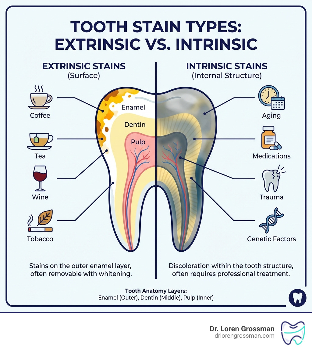 Infographic showing the difference between extrinsic stains on tooth enamel surface caused by coffee, tea, wine, and tobacco versus intrinsic stains within tooth structure from aging, medications, trauma, and genetic factors, with visual representation of tooth anatomy layers - teeth whitening infographic Infographic showing the difference between extrinsic stains on tooth enamel surface caused by coffee, tea, wine, and tobacco versus intrinsic stains within tooth structure from aging, medications, trauma, and genetic factors, with visual representation of tooth anatomy layers - teeth whitening infographic