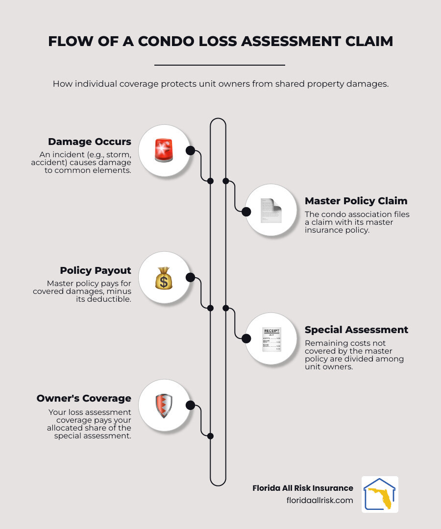 infographic showing the flow of a condo loss assessment claim: incident occurs at building, association files claim with master policy, master policy pays up to limit minus deductible, remaining costs divided among unit owners as special assessment, unit owner's loss assessment coverage pays their share - assessment insurance for condos infographic infographic-line-5-steps-elegant_beige