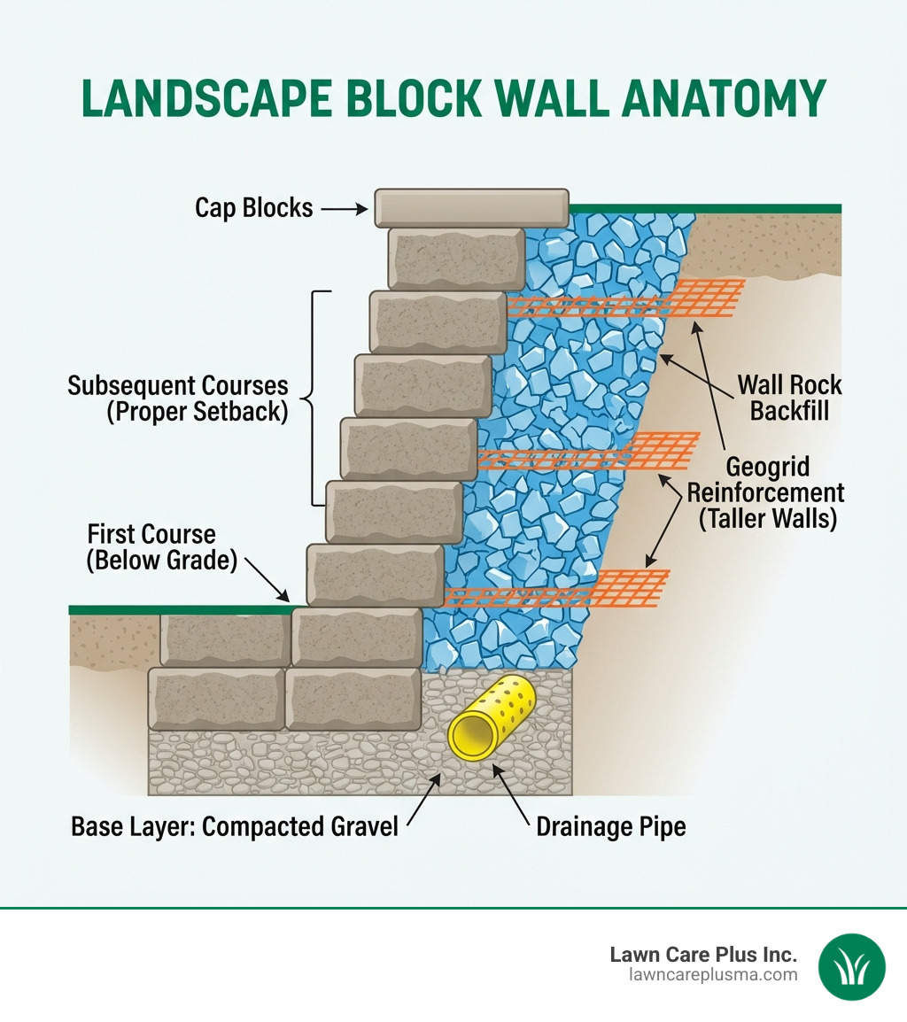 Infographic showing the anatomy of a landscape block wall including base layer with compacted gravel, drainage pipe, first course of blocks set below grade, subsequent courses with proper setback, wall rock backfill behind blocks, geogrid reinforcement for taller walls, and cap blocks on top - landscape block wall infographic Infographic showing the anatomy of a landscape block wall including base layer with compacted gravel, drainage pipe, first course of blocks set below grade, subsequent courses with proper setback, wall rock backfill behind blocks, geogrid reinforcement for taller walls, and cap blocks on top - landscape block wall infographic