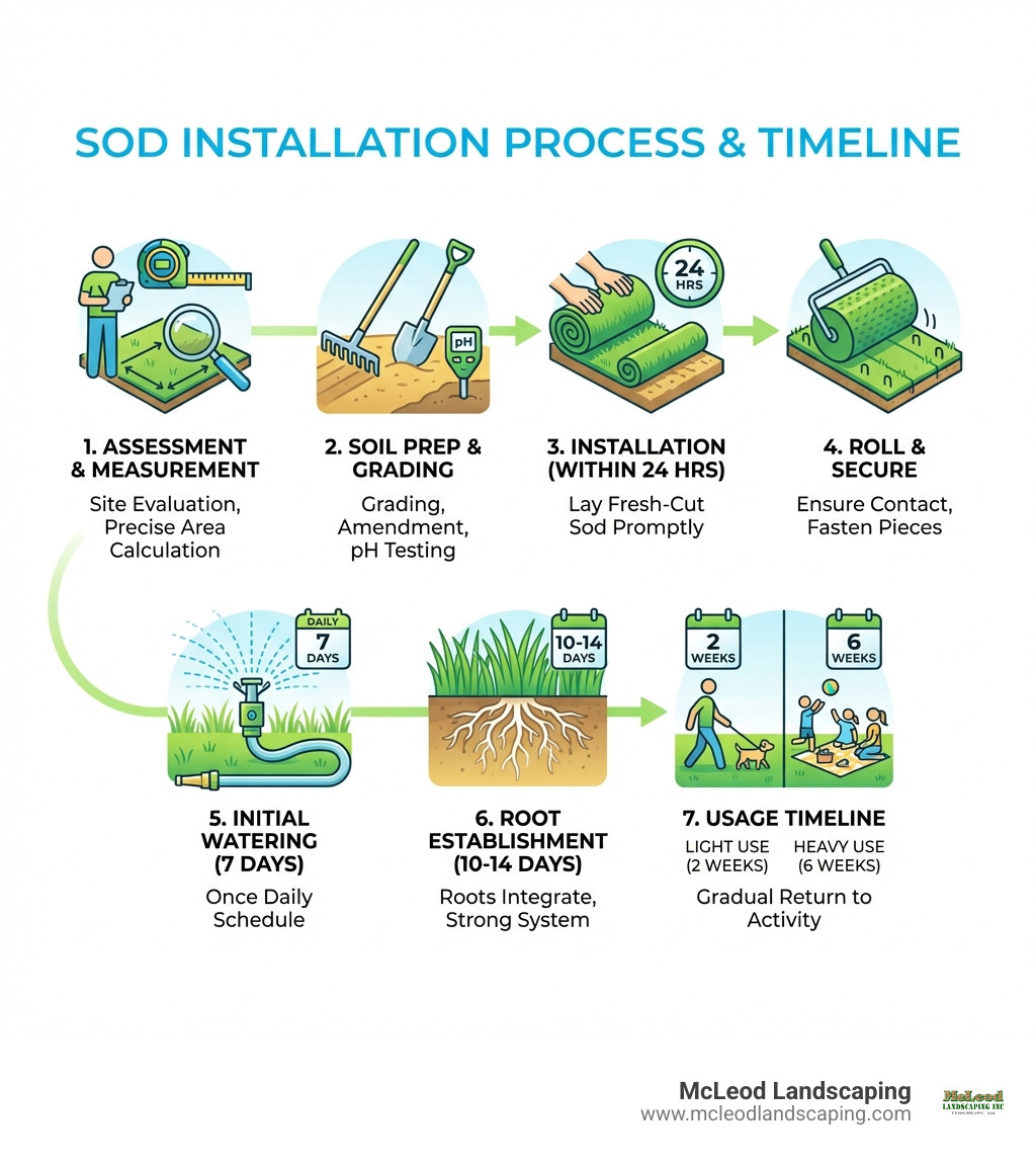 Infographic showing the sod installation process: 1) Site assessment and measurement, 2) Soil preparation and grading with pH testing, 3) Installing fresh-cut sod within 24 hours, 4) Rolling and securing sod pieces, 5) Initial watering schedule of once daily for 7 days, 6) Root establishment in 10-14 days, 7) Light use after 2 weeks, heavy use after 6 weeks - sod installers near me infographic 