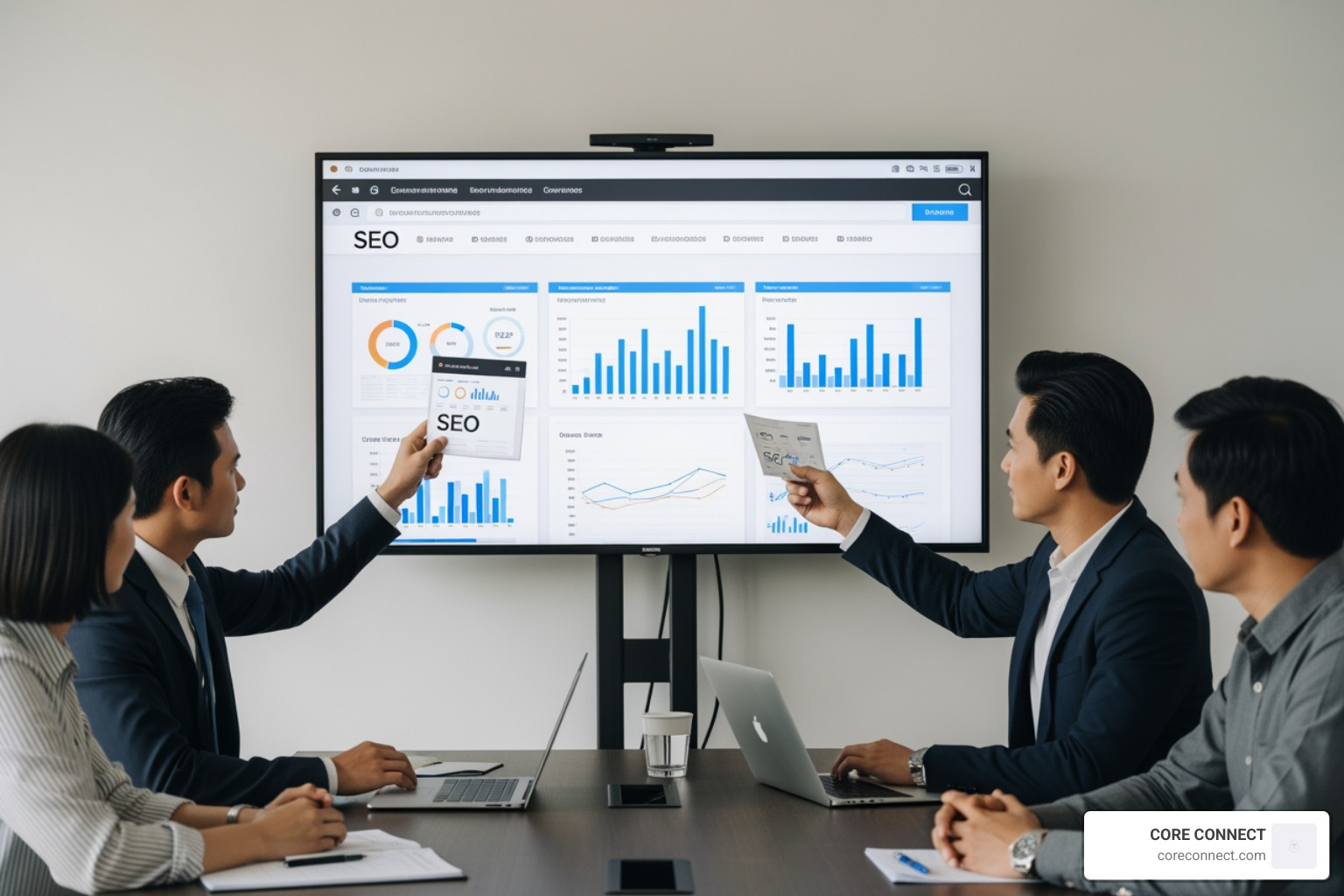 Professional digital marketing consultation showing a team reviewing data-driven SEO reports and website analytics on a large screen - seo company bluffton Professional digital marketing consultation showing a team reviewing data-driven SEO reports and website analytics on a large screen - seo company bluffton