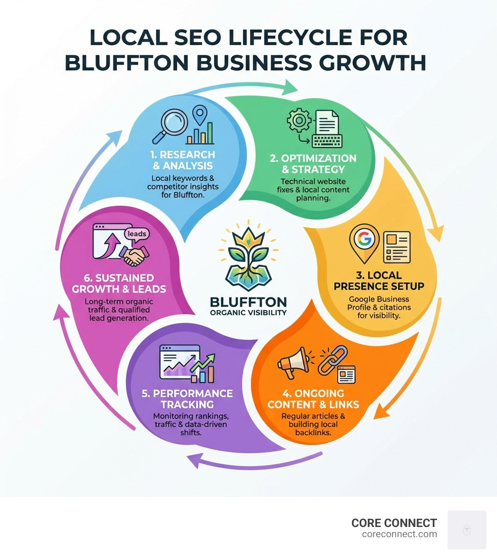 Infographic showing the local SEO lifecycle: 1) Local keyword research and competitor analysis, 2) Website technical optimization and content strategy, 3) Google Business Profile setup and local citations, 4) Ongoing content creation and link building, 5) Performance tracking and data-driven adjustments, 6) Sustained organic traffic growth and lead generation - seo company bluffton infographic Infographic showing the local SEO lifecycle: 1) Local keyword research and competitor analysis, 2) Website technical optimization and content strategy, 3) Google Business Profile setup and local citations, 4) Ongoing content creation and link building, 5) Performance tracking and data-driven adjustments, 6) Sustained organic traffic growth and lead generation - seo company bluffton infographic