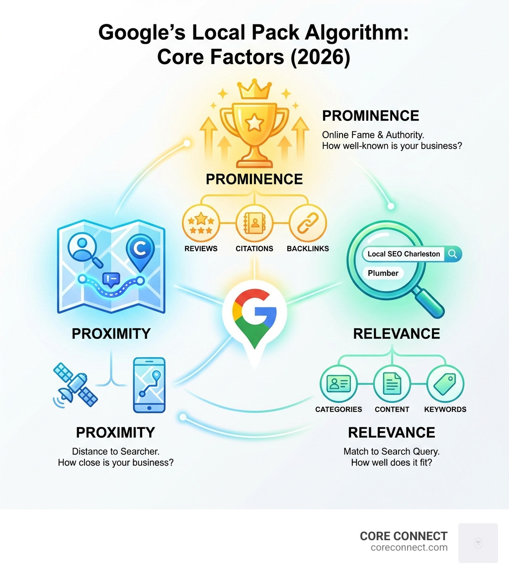 Infographic showing the three core factors of Google's Local Pack algorithm: Proximity (how close your business is to the searcher), Prominence (how well-known and authoritative your business appears online through reviews, citations, and backlinks), and Relevance (how well your business matches what the searcher is looking for through keywords, categories, and content) - Local SEO Charleston infographic 