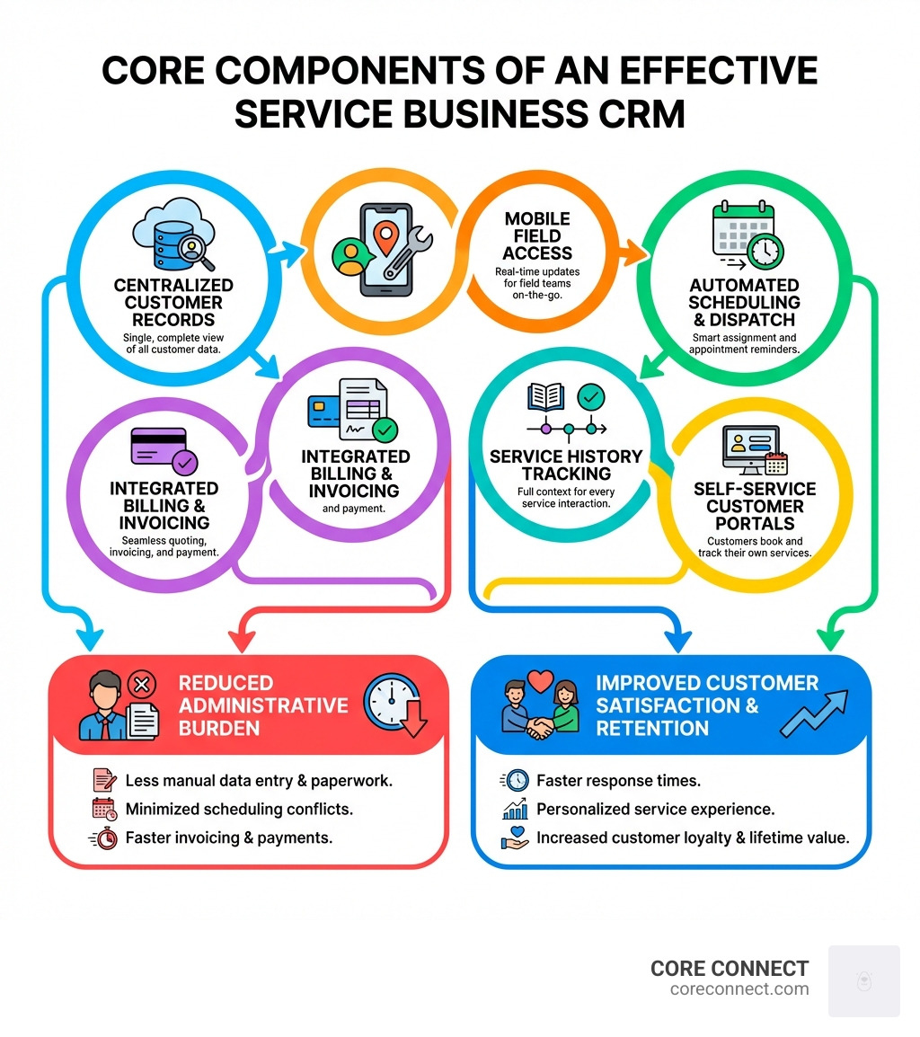 Infographic showing the core components of an effective CRM for service businesses: centralized customer records, mobile field access, automated scheduling and dispatch, integrated billing and invoicing, service history tracking, and self-service customer portals, with arrows indicating how each component reduces administrative burden while improving customer satisfaction and retention - CRM for service businesses infographic Infographic showing the core components of an effective CRM for service businesses: centralized customer records, mobile field access, automated scheduling and dispatch, integrated billing and invoicing, service history tracking, and self-service customer portals, with arrows indicating how each component reduces administrative burden while improving customer satisfaction and retention - CRM for service businesses infographic