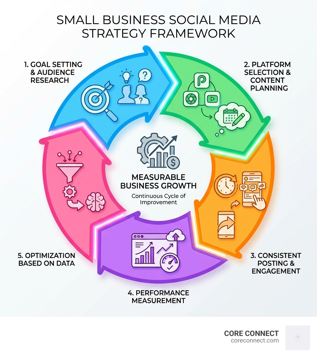 Small Business Social Media Strategy Framework: Starting with goal setting and audience research, moving through platform selection and content planning, then to consistent posting and engagement, followed by performance measurement, and finally optimization based on data—creating a continuous cycle that turns social presence into measurable business growth - small business social media infographic 
