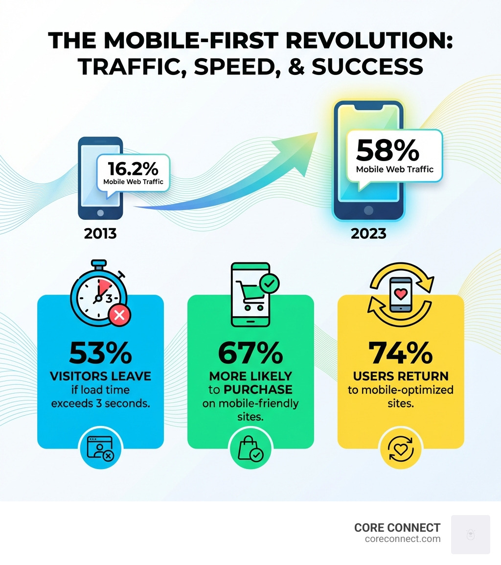 Infographic showing the growth of mobile web traffic from 16.2% in 2013 to 58% in 2023, alongside statistics: 53% of visitors leave if load time exceeds 3 seconds, 67% more likely to purchase on mobile-friendly sites, and 74% of users return to mobile-optimized sites - mobile friendly website design infographic Infographic showing the growth of mobile web traffic from 16.2% in 2013 to 58% in 2023, alongside statistics: 53% of visitors leave if load time exceeds 3 seconds, 67% more likely to purchase on mobile-friendly sites, and 74% of users return to mobile-optimized sites - mobile friendly website design infographic