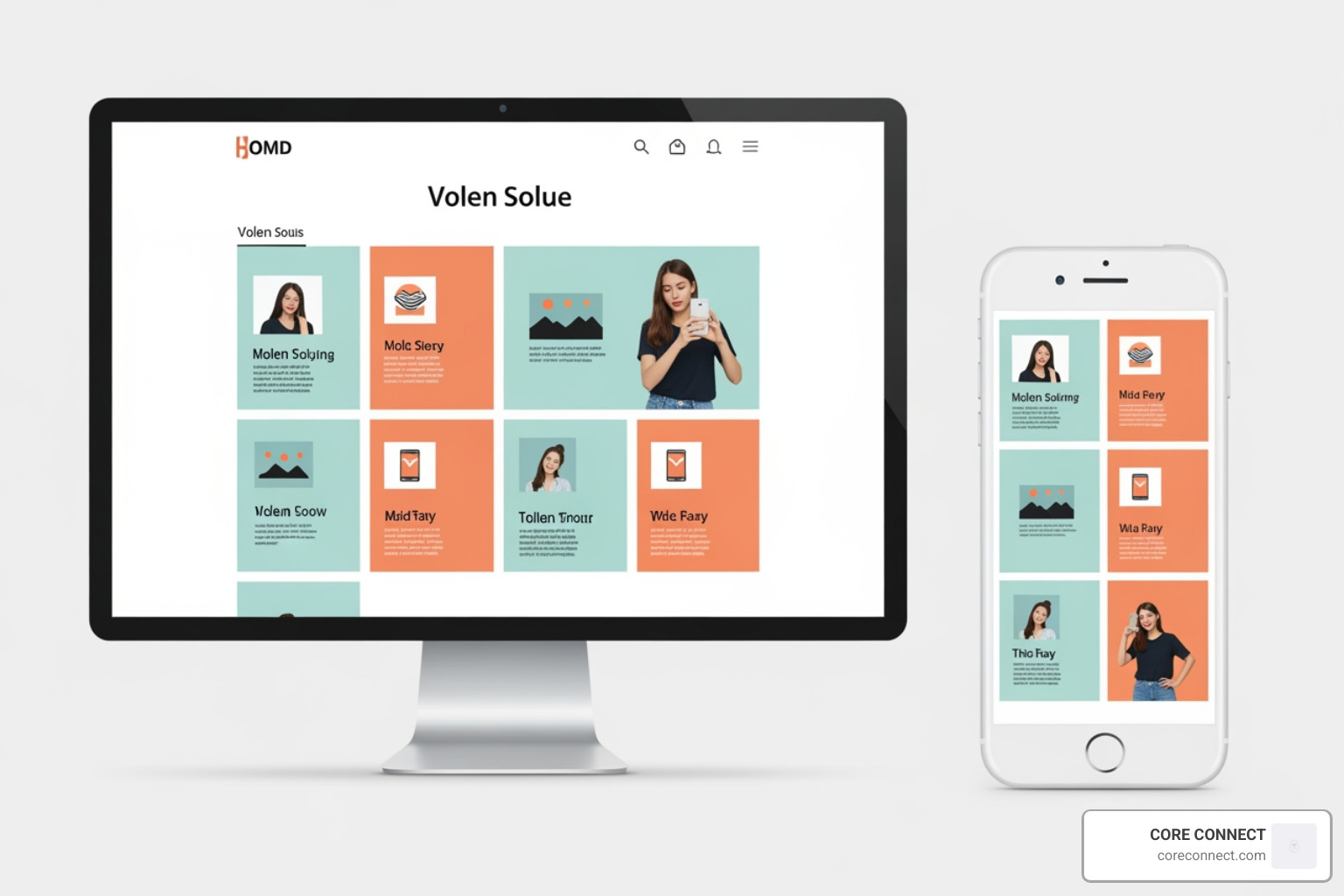 A responsive website layout showing how content reflows from a four-column desktop view to a single-column mobile view while maintaining brand consistency - mobile friendly website design A responsive website layout showing how content reflows from a four-column desktop view to a single-column mobile view while maintaining brand consistency - mobile friendly website design