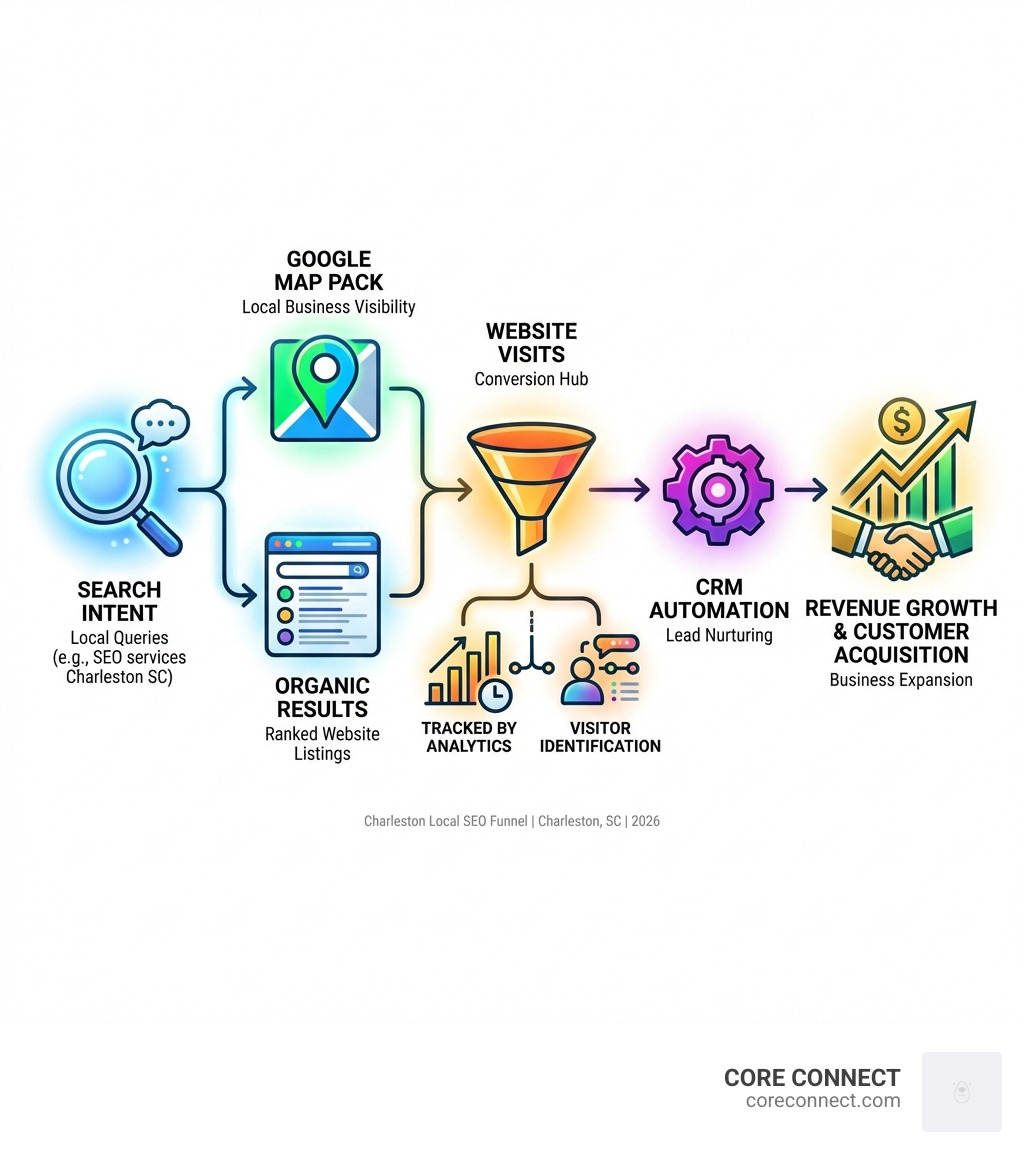 Infographic showing the Charleston local SEO funnel: Search Intent leads to Google Map Pack and Organic Results, which drive Website Visits tracked by Analytics and Visitor Identification, converting into Qualified Leads through CRM Automation, ultimately resulting in Revenue Growth and Customer Acquisition - seo services charleston sc infographic Infographic showing the Charleston local SEO funnel: Search Intent leads to Google Map Pack and Organic Results, which drive Website Visits tracked by Analytics and Visitor Identification, converting into Qualified Leads through CRM Automation, ultimately resulting in Revenue Growth and Customer Acquisition - seo services charleston sc infographic