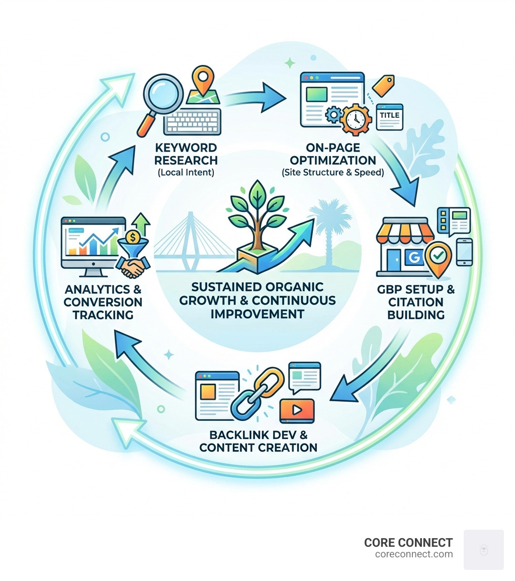 Infographic showing the local SEO lifecycle: keyword research leads to on-page optimization, which feeds into Google Business Profile setup and citation building, followed by backlink development and content creation, all monitored through analytics and conversion tracking, creating a cycle of continuous improvement and sustained organic growth - seo north charleston infographic Infographic showing the local SEO lifecycle: keyword research leads to on-page optimization, which feeds into Google Business Profile setup and citation building, followed by backlink development and content creation, all monitored through analytics and conversion tracking, creating a cycle of continuous improvement and sustained organic growth - seo north charleston infographic
